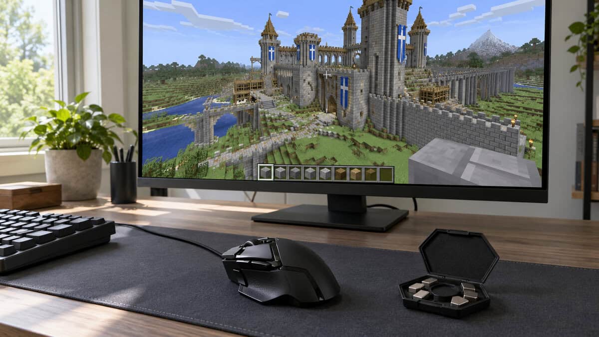 Black multi-button wired mouse next to an open case of small tuning weights on a desk mat in daylight, the monitor showing a stone Minecraft castle build, a builder's choice for the best mouse for Minecraft creative mode