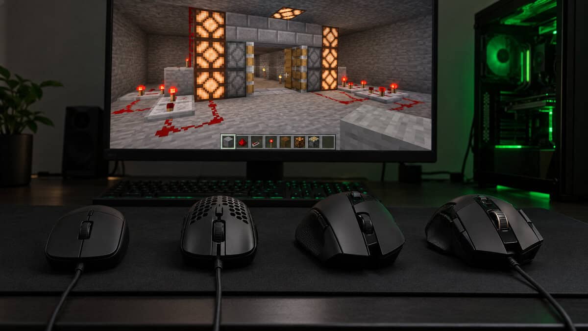 Four black gaming mice lined up on one desk mat, from a small simple shell to a heavy multi-button model, with a Minecraft redstone lamp contraption on the monitor and green light from the PC case, comparing options for the best mouse for Minecraft
