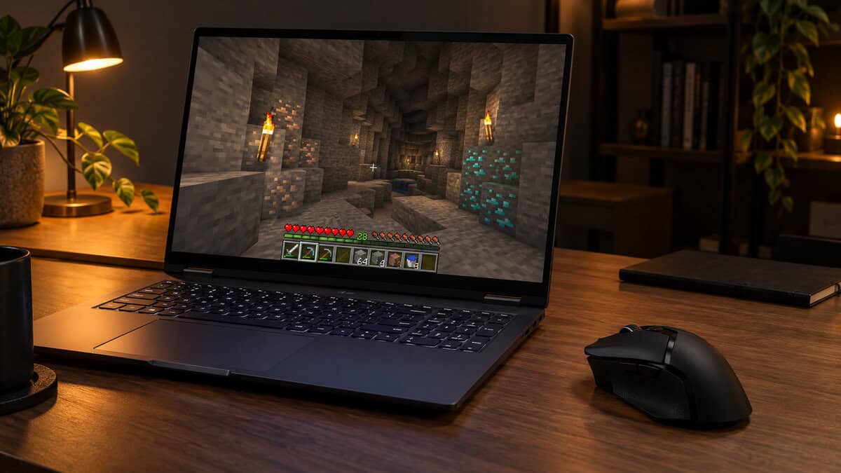 Black wireless mouse beside an open gaming laptop showing a torch-lit Minecraft cave with diamond ore, a warm amber desk lamp to one side, a cordless take on the best mouse for Minecraft survival