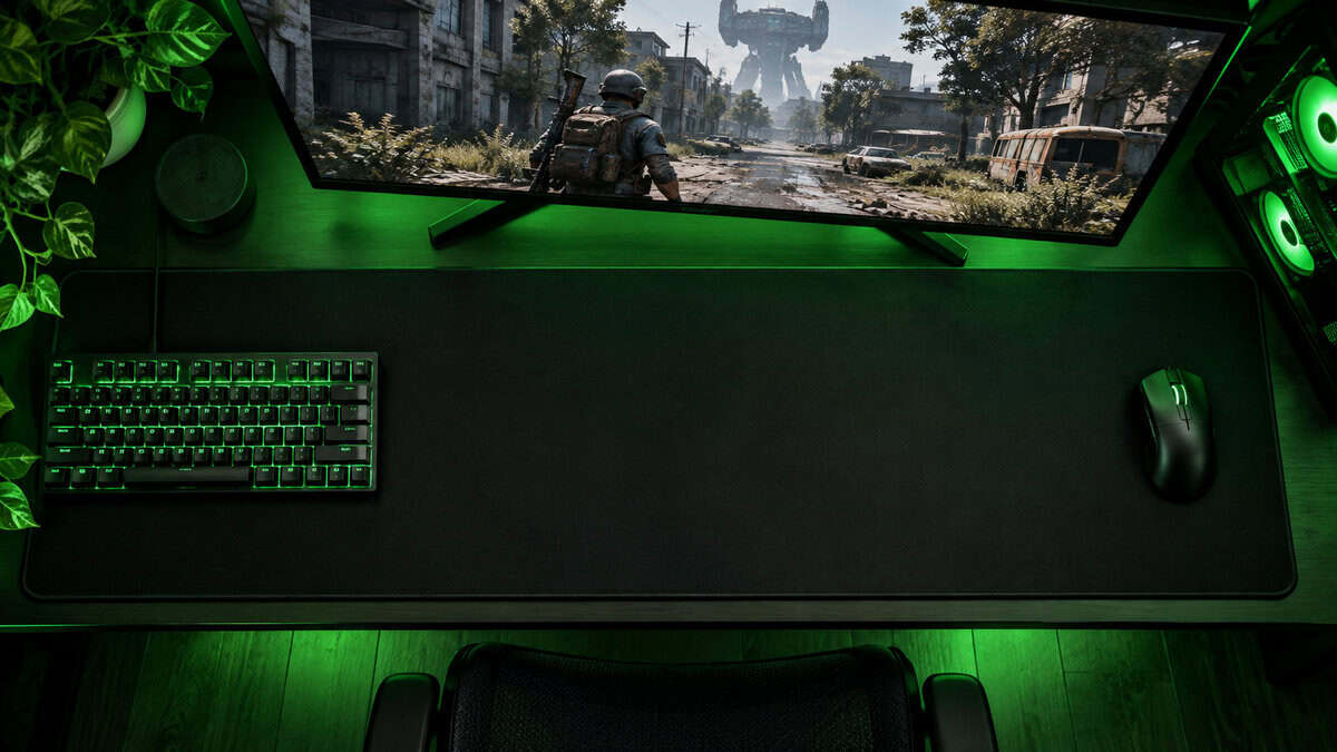 Overhead view of the swipe room a desk-wide best mousepad for Arc Raiders gives: keyboard on the left, mouse far right, and a third-person raider view on the green-lit monitor