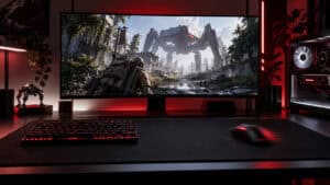 The best mousepad for Arc Raiders in a red-lit setup: a black desk-wide cloth pad under a backlit keyboard and a mouse mid-swipe, with a giant ARC walker on the monitor