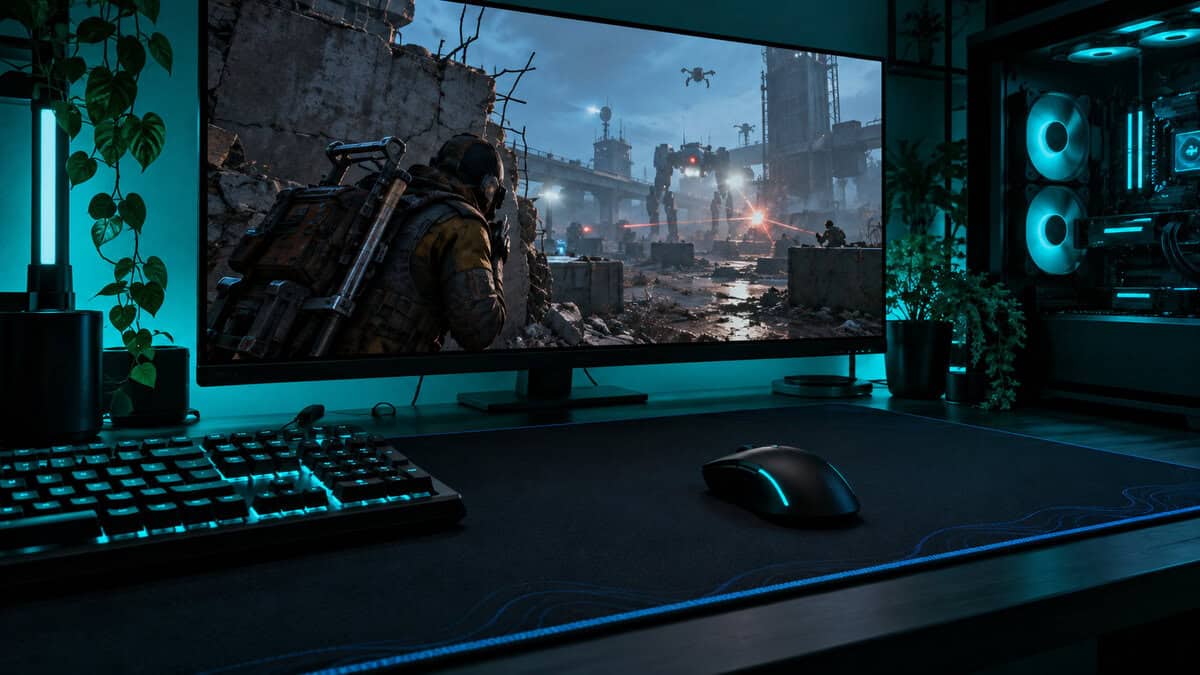 Black XXL cloth pad with a blue braided edge under a mouse in a teal-lit setup, a budget best mousepad for Arc Raiders, with a raider in cover behind a concrete wall on screen