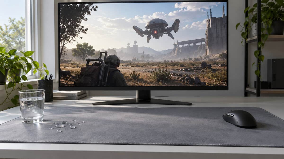 Light gray stitched-edge XXL pad with water beading on its surface beside a glass, a spill-resistant best mousepad for Arc Raiders while a flying ARC drone hovers on the monitor