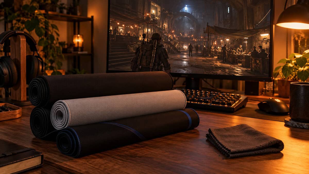 Rolled XXL pads in black, light gray and black with a blue edge beside a cleaning cloth, care for the best mousepad for Arc Raiders between raids, with the underground hub on screen