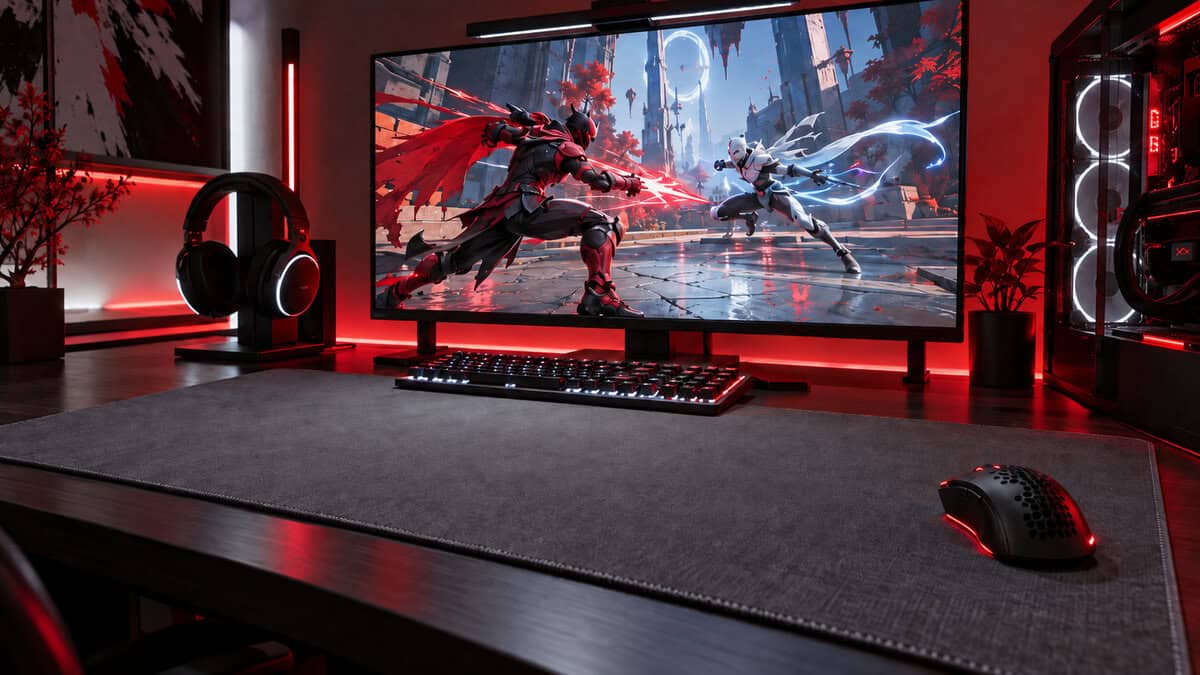 Gray cloth desk mat with stitched edges and a honeycomb mouse at its edge under red and white lighting, a cloth option for flick aimers choosing the best mousepad for marvel rivals, while two heroes duel on the monitor