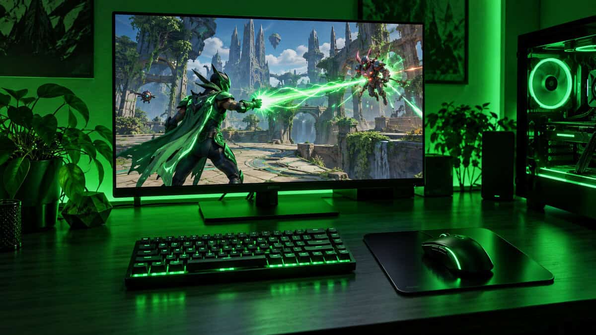 Small black hard mousepad with a smooth, slightly glossy surface beside a green-backlit keyboard, a compact hard pad like the G440 for tracking players weighing the best mousepad for marvel rivals, with a hero firing a sustained green beam on screen