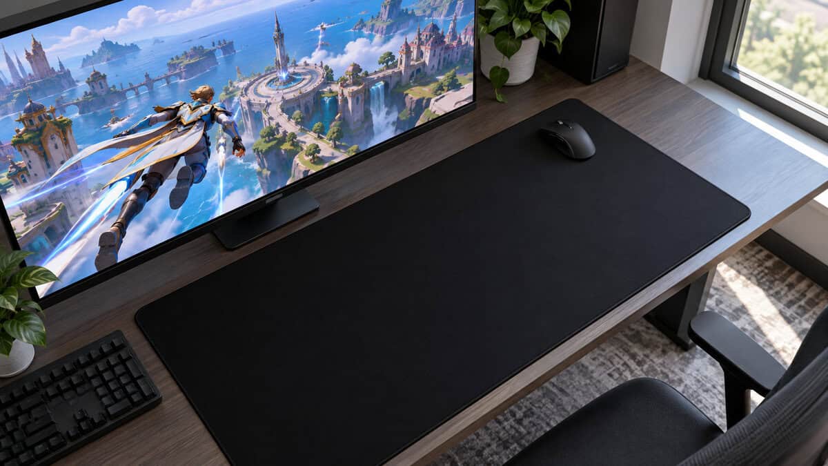 Overhead daylight view of a deep black XXL mousepad with the mouse parked near its top edge, showing the vertical room that helps the best mousepad for marvel rivals suit flying heroes, as a hero flies over a floating-island map on screen