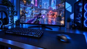 Blue-lit gaming desk with a large black stitched-edge mat, the kind of XXL surface we rate the best mousepad for marvel rivals, under a backlit keyboard and a mouse mid-swipe while a comic-style hero shooter team fight plays on the monitor