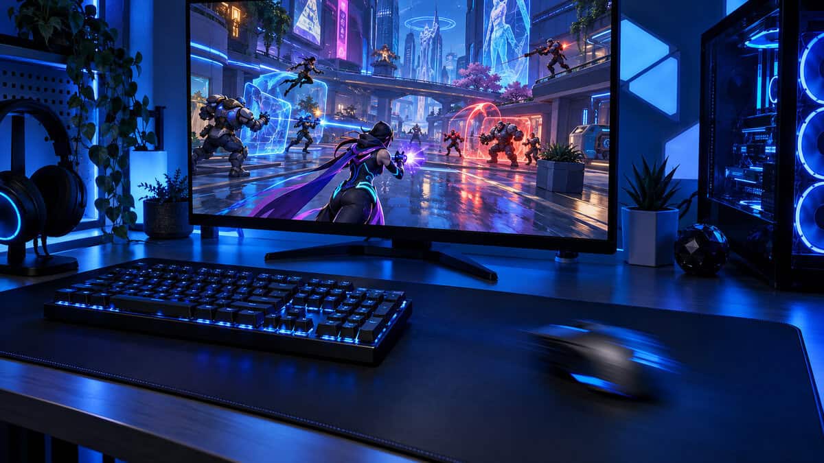Blue-lit gaming desk with a large black stitched-edge mat, the kind of XXL surface we rate the best mousepad for marvel rivals, under a backlit keyboard and a mouse mid-swipe while a comic-style hero shooter team fight plays on the monitor