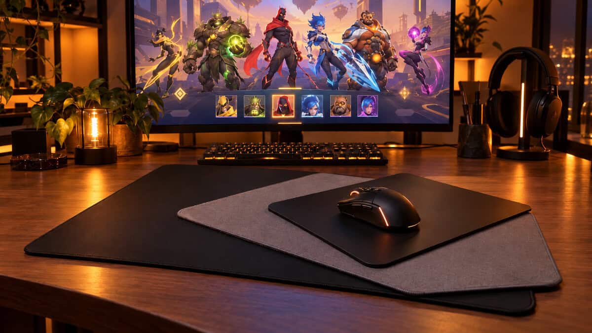 Three mousepads layered on a wooden desk in warm amber light, a large black mat, a gray cloth pad and a small black hard pad, comparing options for the best mousepad for marvel rivals in front of a hero select screen