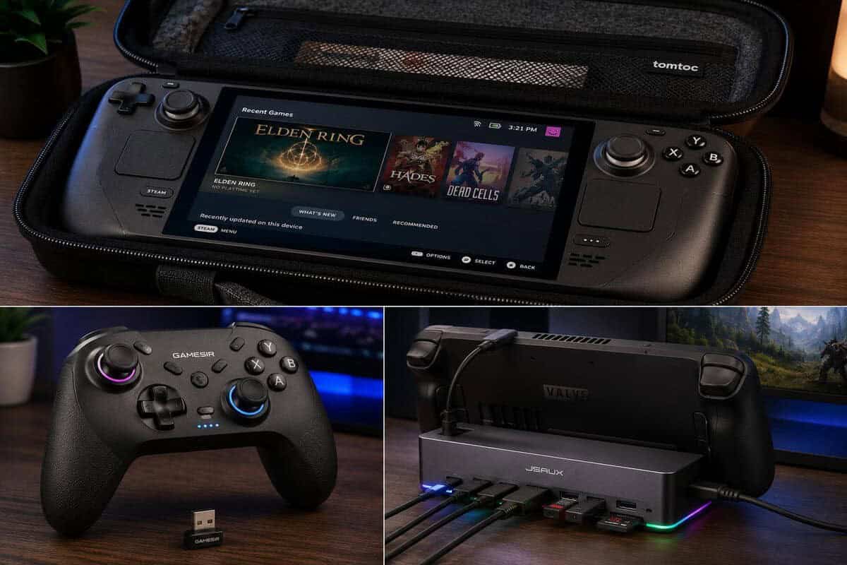 Three of the best Steam Deck accessories in use: the Deck inside the tomtoc hard shell case, the GameSir Nova Lite 2 with its wireless dongle, and the Deck mounted in the JSAUX RGB dock