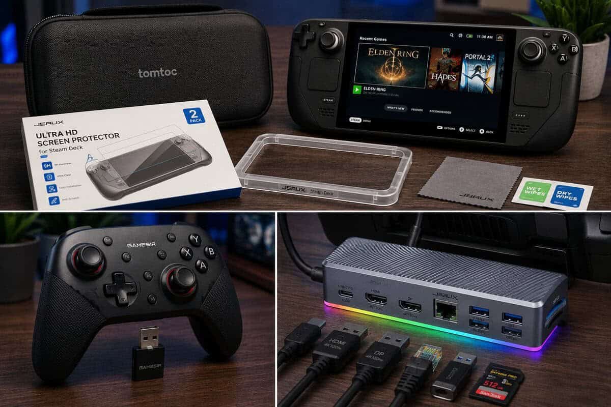Collage of the best Steam Deck accessories in this guide: tomtoc case and JSAUX screen protector beside the Deck, GameSir controller with 2.4G dongle, and the JSAUX RGB dock
