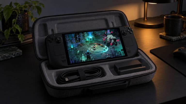 Steam Deck playing Hades II inside an open grey zip carrying case with a coiled USB-C charger and a small dock, the kind of storage the best Steam Deck case offers, on a dark desk lit by an amber lamp