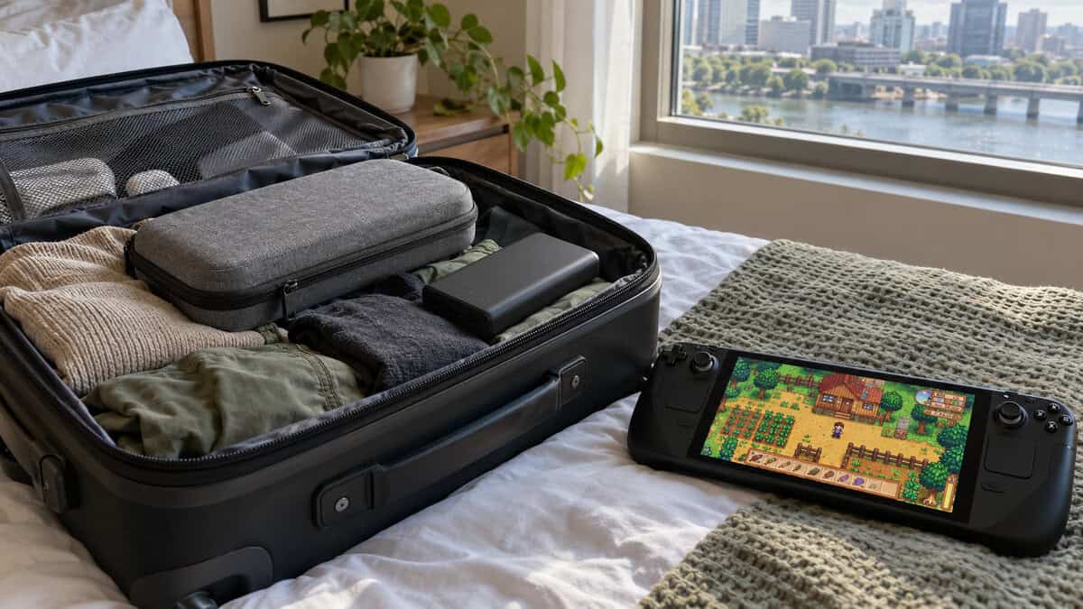 Carry-on suitcase open on a bed with a grey zipped case and a power bank packed on top, a Steam Deck showing Stardew Valley beside it, packing the best Steam Deck case for a flight