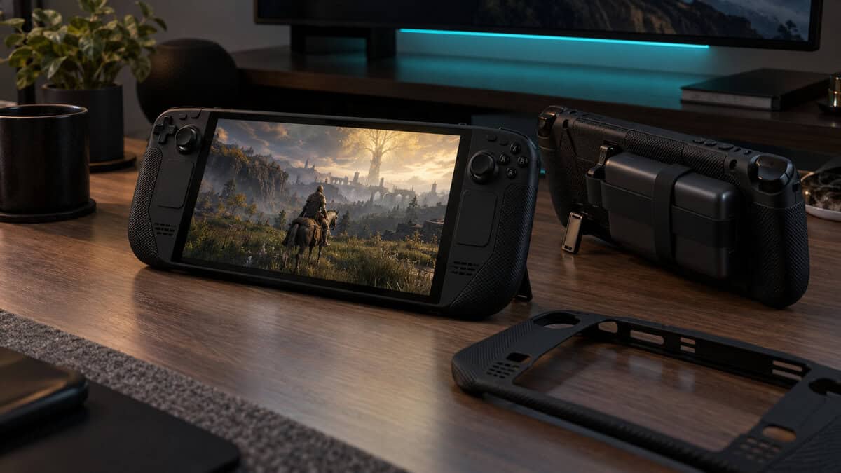 Steam Deck in a textured play-in shell standing on its kickstand with Elden Ring on screen, a second unit showing a strapped power bank and a detachable front cover beside it, for the best Steam Deck case you can keep on while playing