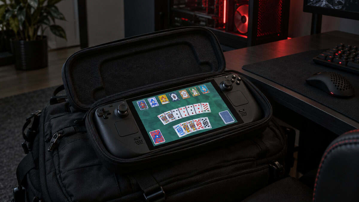 Slim black hard shell zip case lying open on a gaming backpack with a Steam Deck running Balatro, a best Steam Deck case pick for bag carry, red PC lighting behind