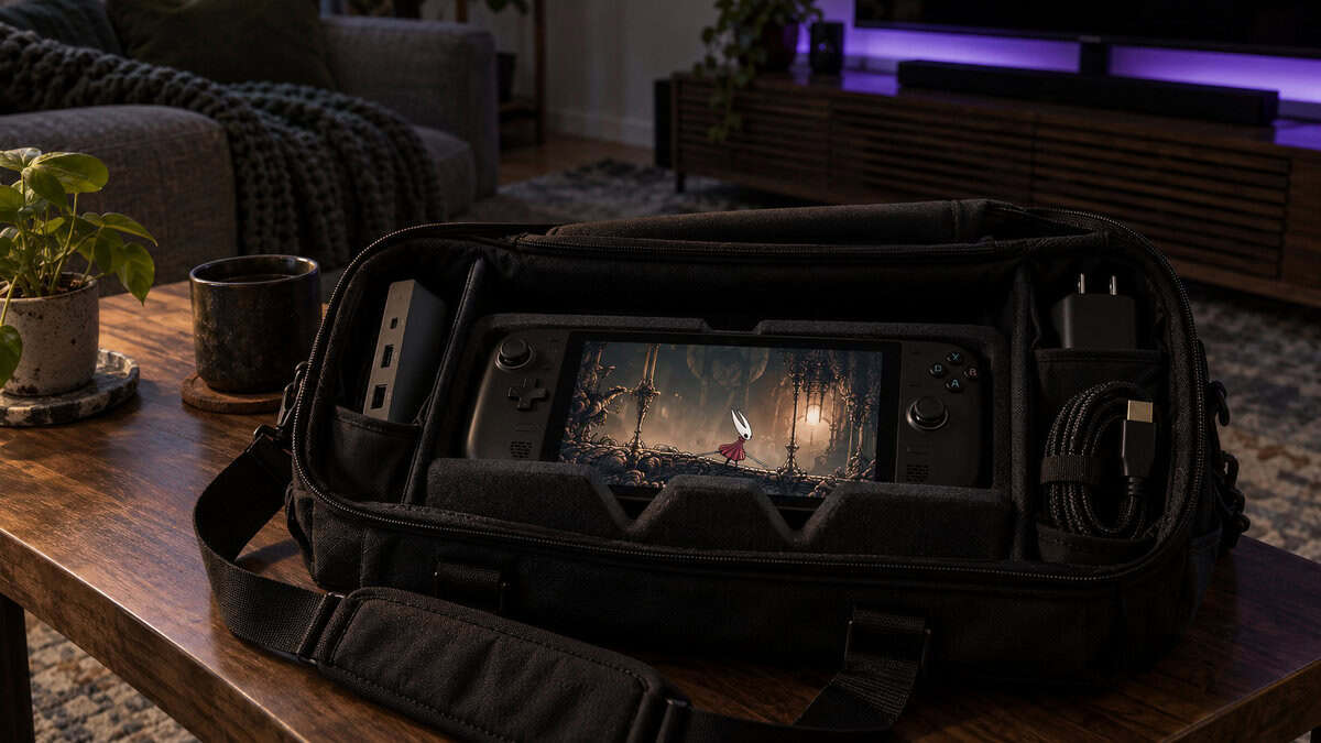 Open black sling bag on a coffee table holding a Steam Deck with Hollow Knight: Silksong in a foam insert, a dock and charger in the side pockets, a best Steam Deck case option for carrying the whole kit