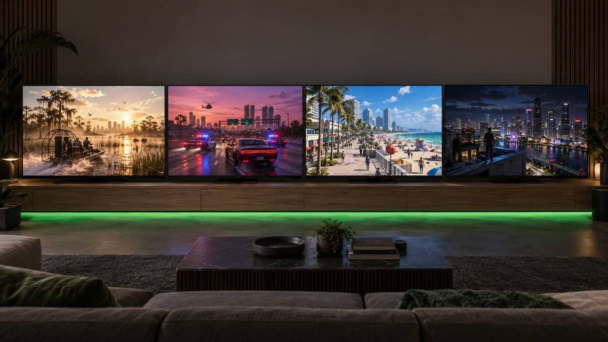 Four TVs side by side on a long oak bench above a green light strip, showing a swamp airboat, a police chase at dusk, a beach boardwalk and a city rooftop at night, comparing picks for the best TV for GTA 6
