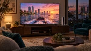 A large TV on a walnut media console beside a white console, a speedboat racing toward a sunset city skyline on screen, a warm table lamp and a teal velvet armchair by a window over the city lights, a living room built around the best TV for GTA 6