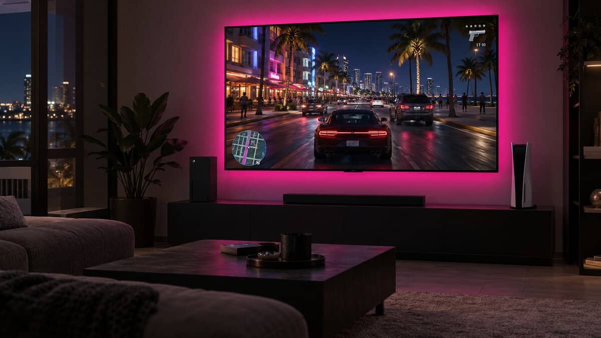 A wall-mounted OLED TV with a magenta glow behind it above a black cabinet holding two consoles and a soundbar, a neon beachfront strip with a minimap on screen, one way to run the best TV for GTA 6 with two consoles
