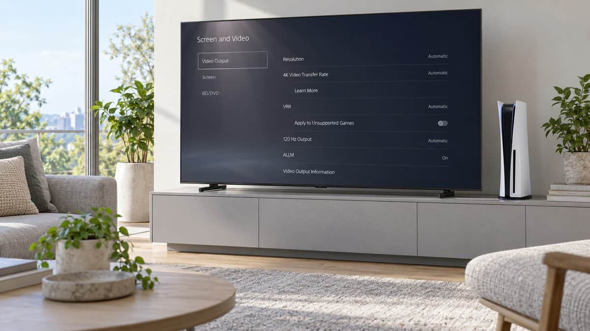 A TV on a light gray media stand in a sunny living room showing the PS5 Screen and Video output settings beside a white console, tuning the picture on the best TV for GTA 6