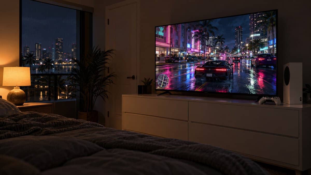 A TV on a white bedroom dresser next to a compact white console, a rain-slick neon city street at night on screen under warm amber lamp light, a bedroom setup with the best TV for GTA 6