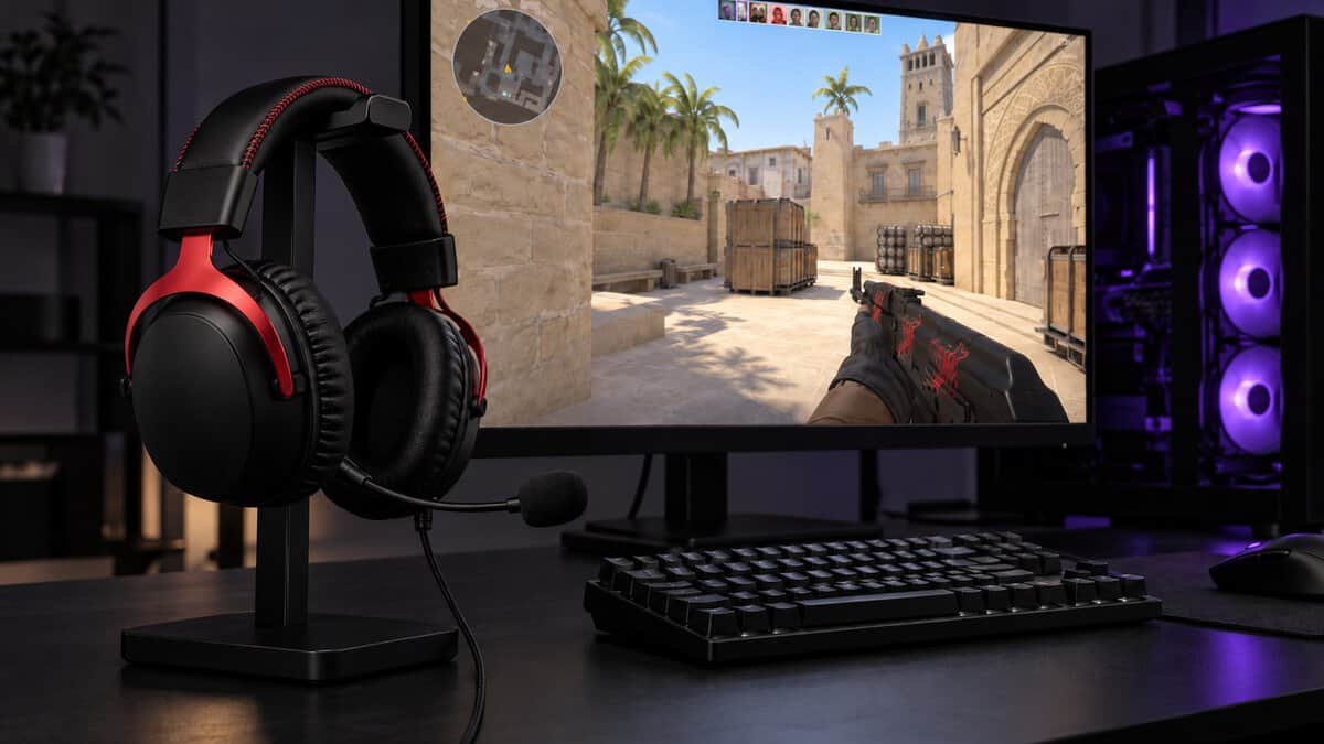 Black and red wired headset with a detachable boom mic hanging on a stand beside a mechanical keyboard, a tactical shooter on the monitor and purple fan glow inside the PC, gaming headset features on a wired desk setup