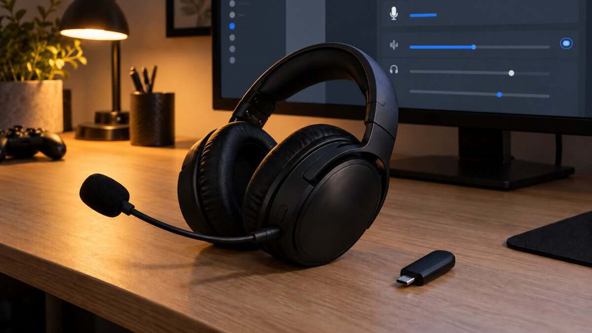 Wireless headset with its boom mic attached and a small USB-C dongle on a wooden desk under a warm lamp, a voice chat settings screen on the monitor, the gaming headset features your squad hears first