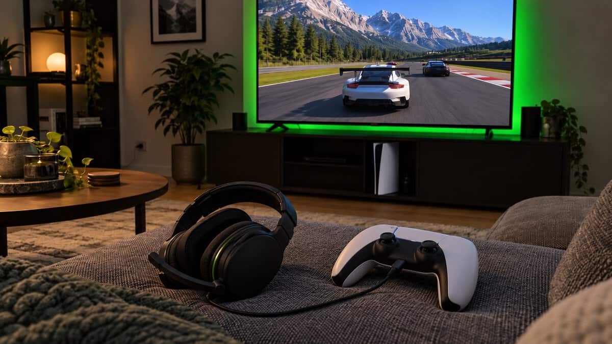 Wired headset plugged into a white controller on a living room couch, a racing game on the TV and a green light strip behind it, gaming headset features that depend on where you play