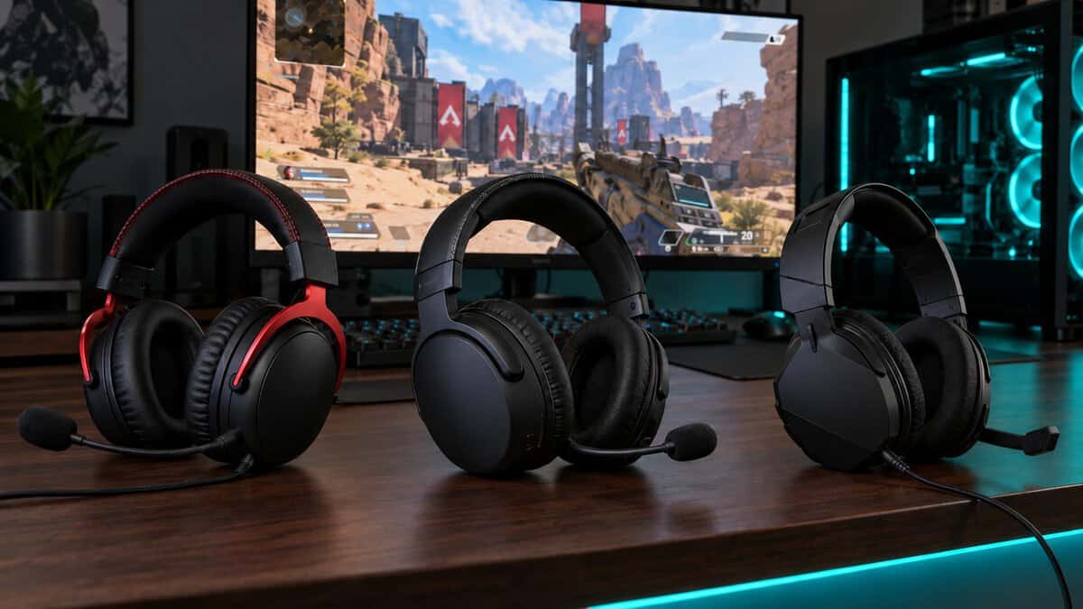 Three headsets side by side on a dark wood desk with a battle royale on the monitor and cyan-teal PC lighting, a lineup that matches gaming headset features to each priority