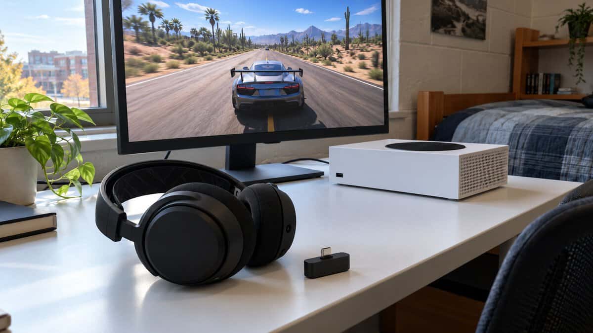 Wireless headset and its USB-C dongle on a white dorm desk beside a compact white console in window daylight, an open-world racing game on the monitor, weighing gaming headset features against box claims