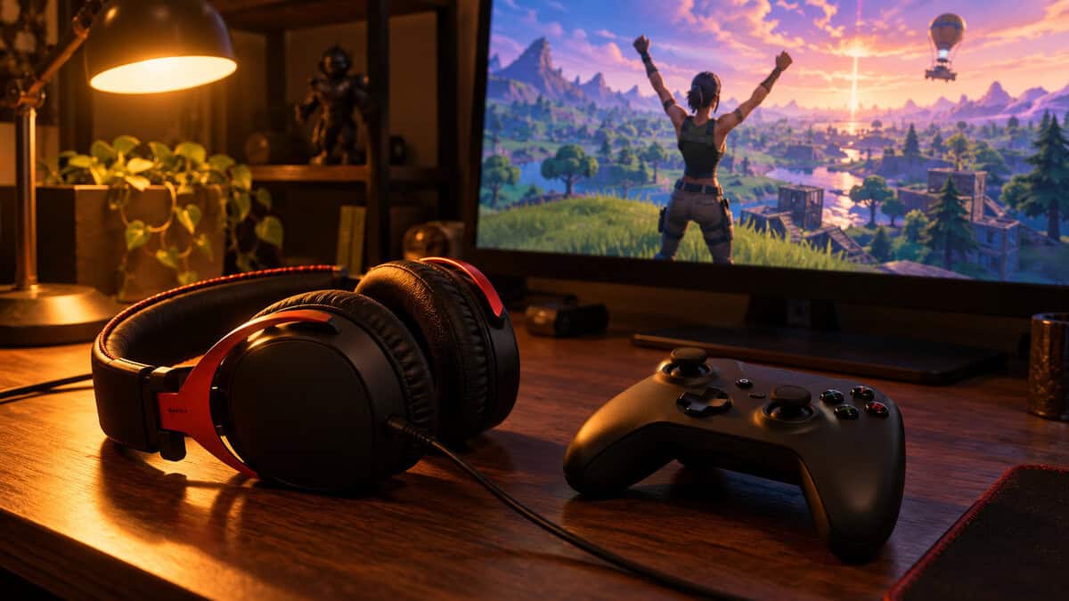 Black and red wired over-ear headset next to a black Xbox-style controller on a wooden desk under a warm lamp, a pick for competitive players from these gifts for gamers