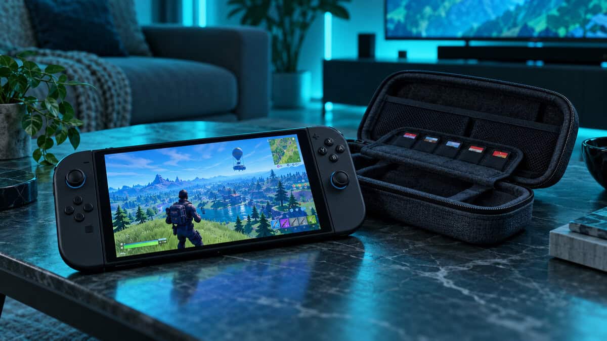 Switch 2-style handheld showing a battle royale game beside an open dark zippered travel case with game card slots on a coffee table, a practical choice among gifts for gamers