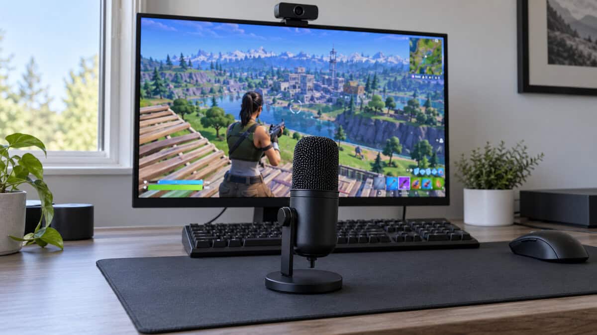 Black USB condenser microphone on a tilt stand in front of a monitor with a webcam clipped on top, a streaming starter among gifts for gamers, lit by window daylight