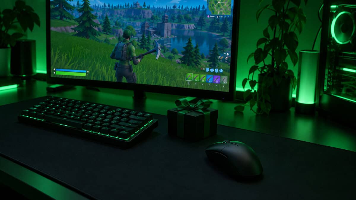 A small wrapped box with a green ribbon between a compact keyboard and a black wireless mouse on a wide desk mat, one of the PC gifts for gamers, lit in green