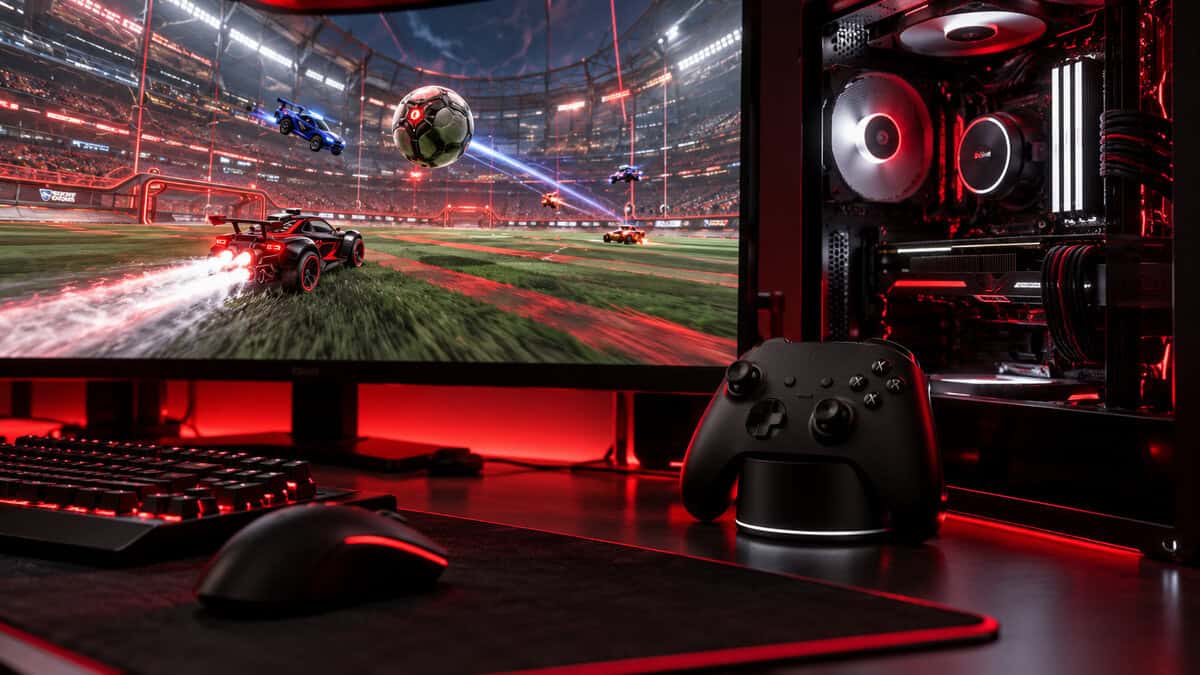 A black wireless controller standing in its round charging dock beside a glass-panel PC tower in red light, a controller pick among gifts for PC gamers, with Rocket League on the monitor