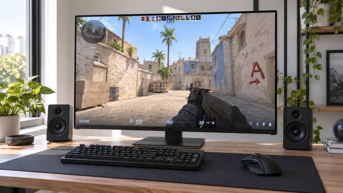 Desk-ready gifts for PC gamers in daylight: two black desktop speakers flank a monitor running Counter-Strike 2, with a keyboard and an ergonomic wireless gaming mouse on a long desk mat