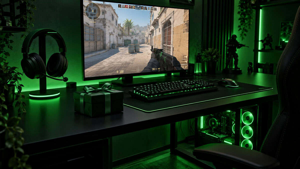 Gifts for PC gamers on a green-lit desk: a black headset on a stand with a glowing base, a wrapped gift box beside the keyboard and Counter-Strike 2 on the monitor