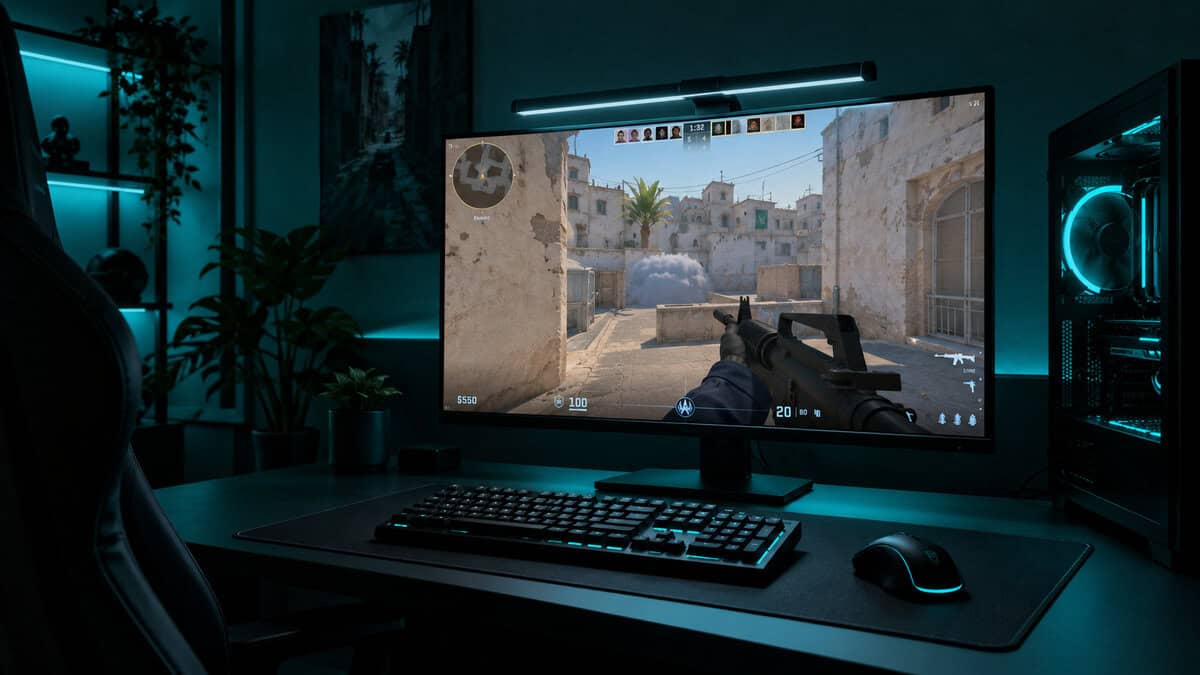 A slim light bar clamped on a monitor lights the keyboard in a dark teal room, one of the gifts for PC gamers that needs no spec check, with Counter-Strike 2 on screen