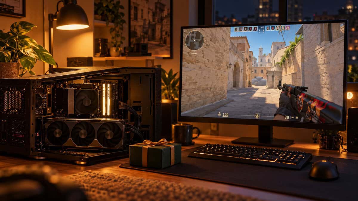 An open PC case showing a graphics card and memory beside a small wrapped gift box under warm lamp light, a reminder that internal parts are risky gifts for PC gamers
