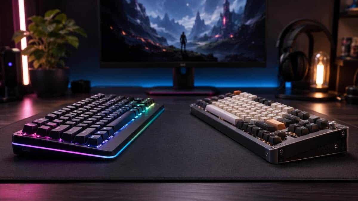 Black RGB gaming keyboard facing a cream custom board on one desk mat, the hall effect vs mechanical keyboard decision in hardware form
