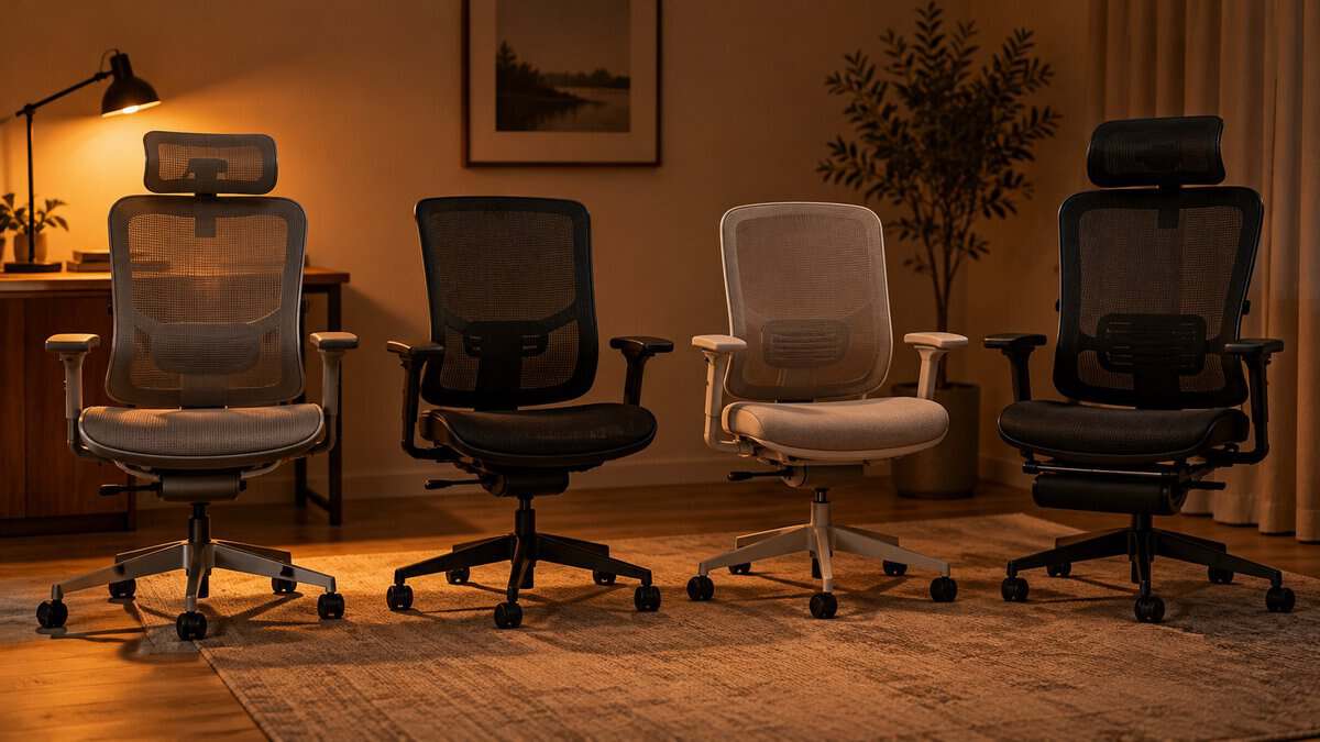 Four mesh office chairs lined up on a rug in warm lamplight, each a different herman miller alternative, two with headrests and one with a white frame