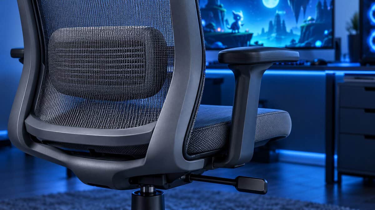Close-up of the adjustable lumbar pad and height-adjustable armrest on a gray mesh herman miller alternative, a blue-lit gaming desk glowing behind it