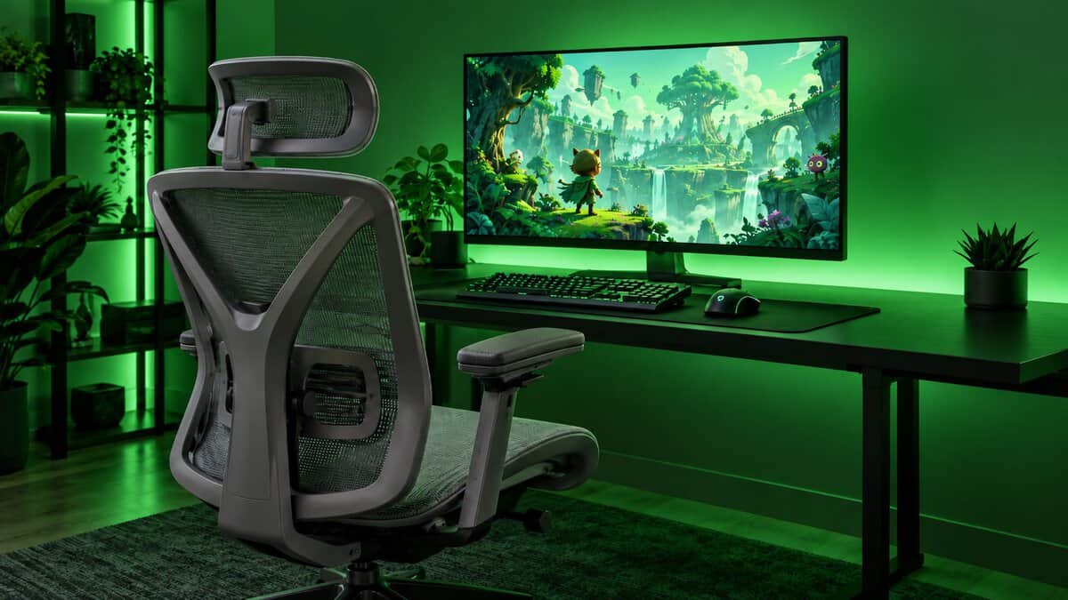 A gray mesh herman miller alternative with a headrest and padded armrests faces a green-lit gaming desk where an ultrawide monitor shows a cartoon forest adventure