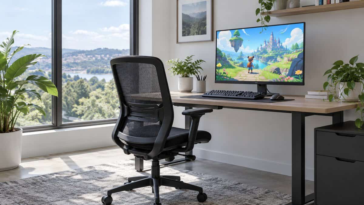 A mid-back black mesh task chair serving as a budget herman miller alternative at a sunlit wood desk by a tall window, a castle adventure game on the monitor