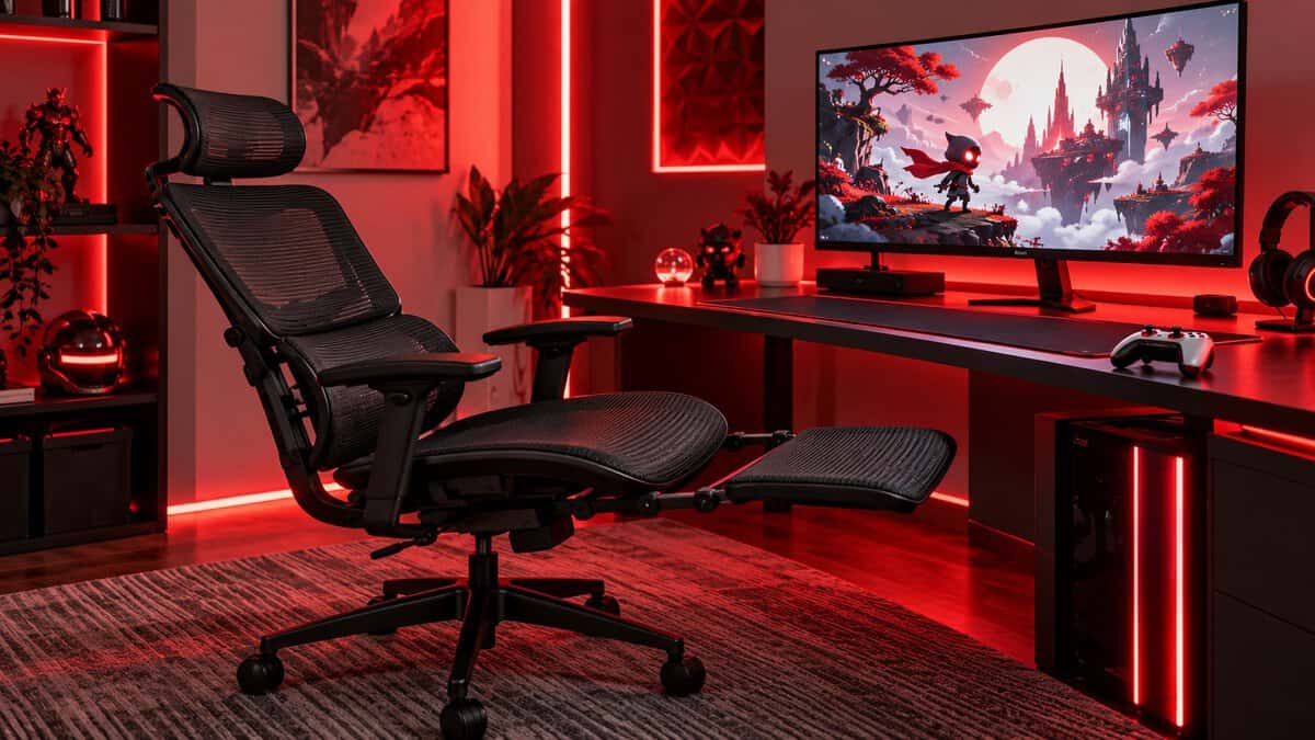 A black mesh herman miller alternative leaned back with its footrest pulled out beside a red-lit gaming desk, a white controller resting next to the monitor