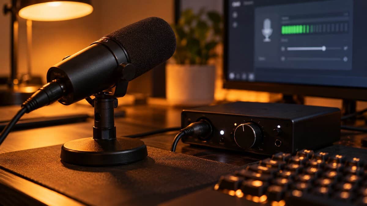 Dynamic microphone on a desk stand beside a USB audio interface under warm lamp light, set up for a check on how to test a microphone on PC