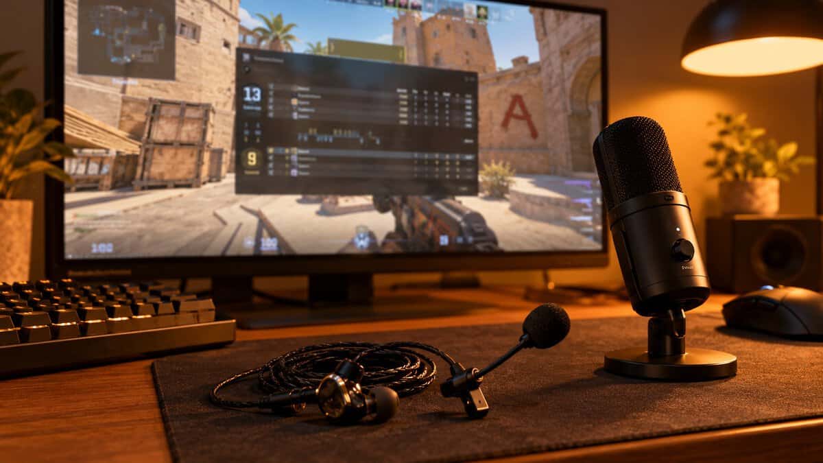 Coiled iems for gaming fitted with a clip-on boom mic next to a desk microphone under a warm lamp, a Counter-Strike 2 scoreboard on the monitor