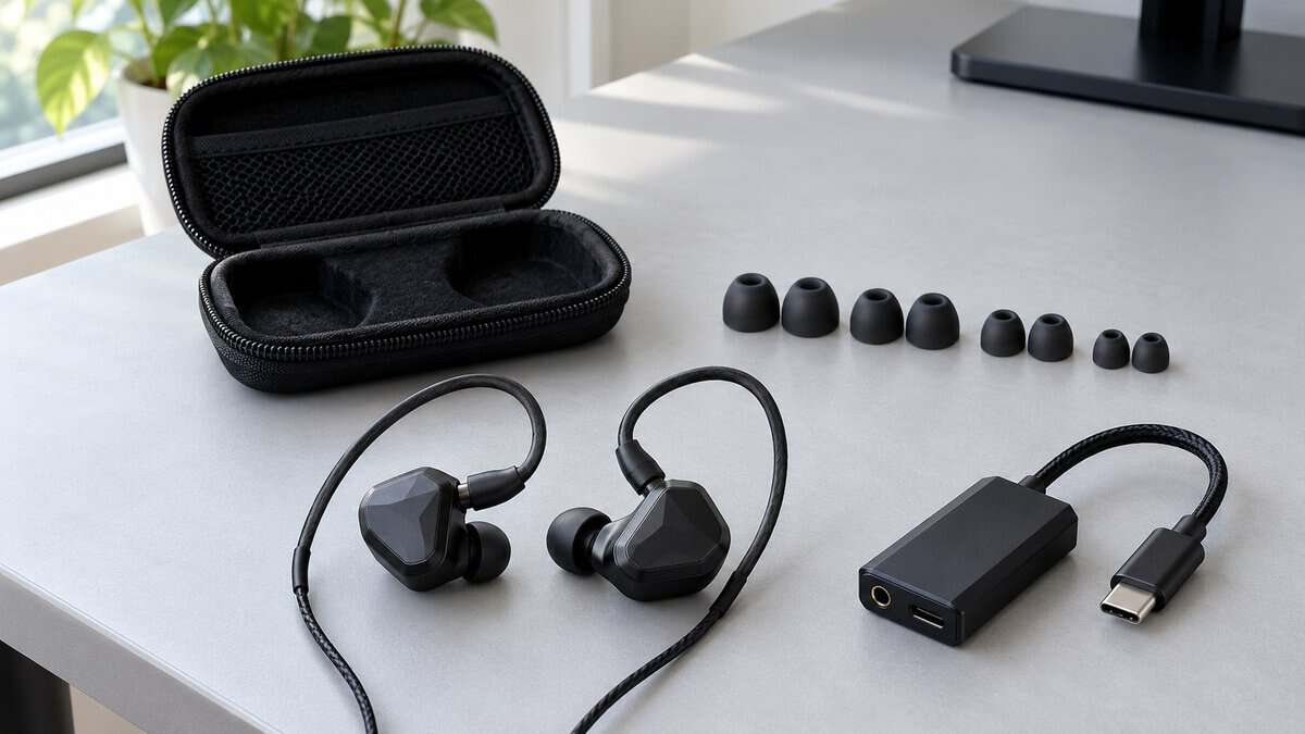 Black ear-hook iems for gaming beside an open zip case, spare silicone tips in four sizes and a small USB-C audio adapter on a light gray desk