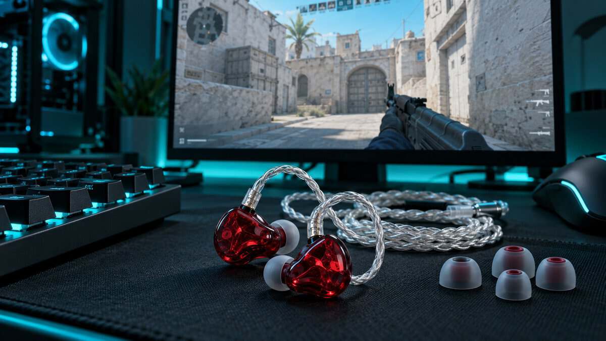 A pair of red translucent iems for gaming with a braided silver cable and spare ear tips on a desk mat, Counter-Strike 2 on the monitor behind them